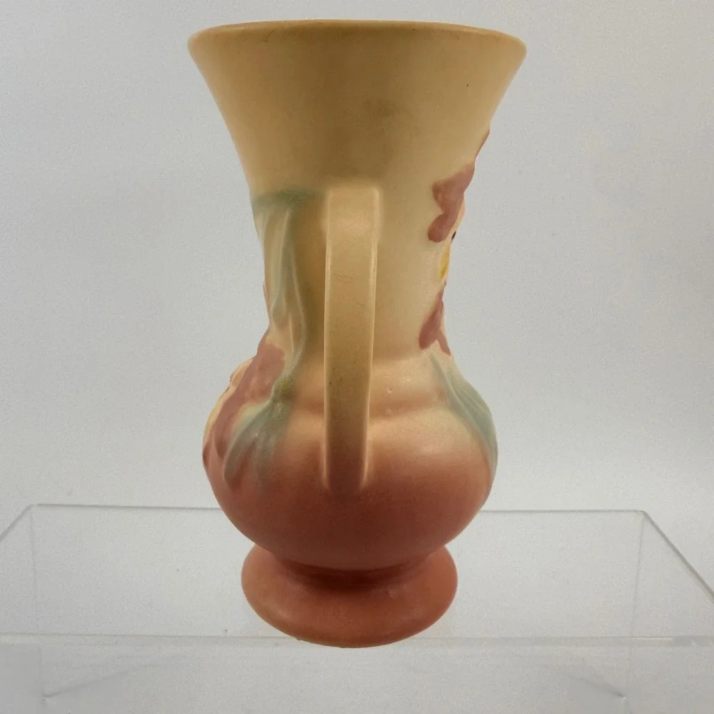 Vintage Hull Pottery Orchid Vase Two Handle 1-6.5 Pink Yellow Cream Matte 6.5in